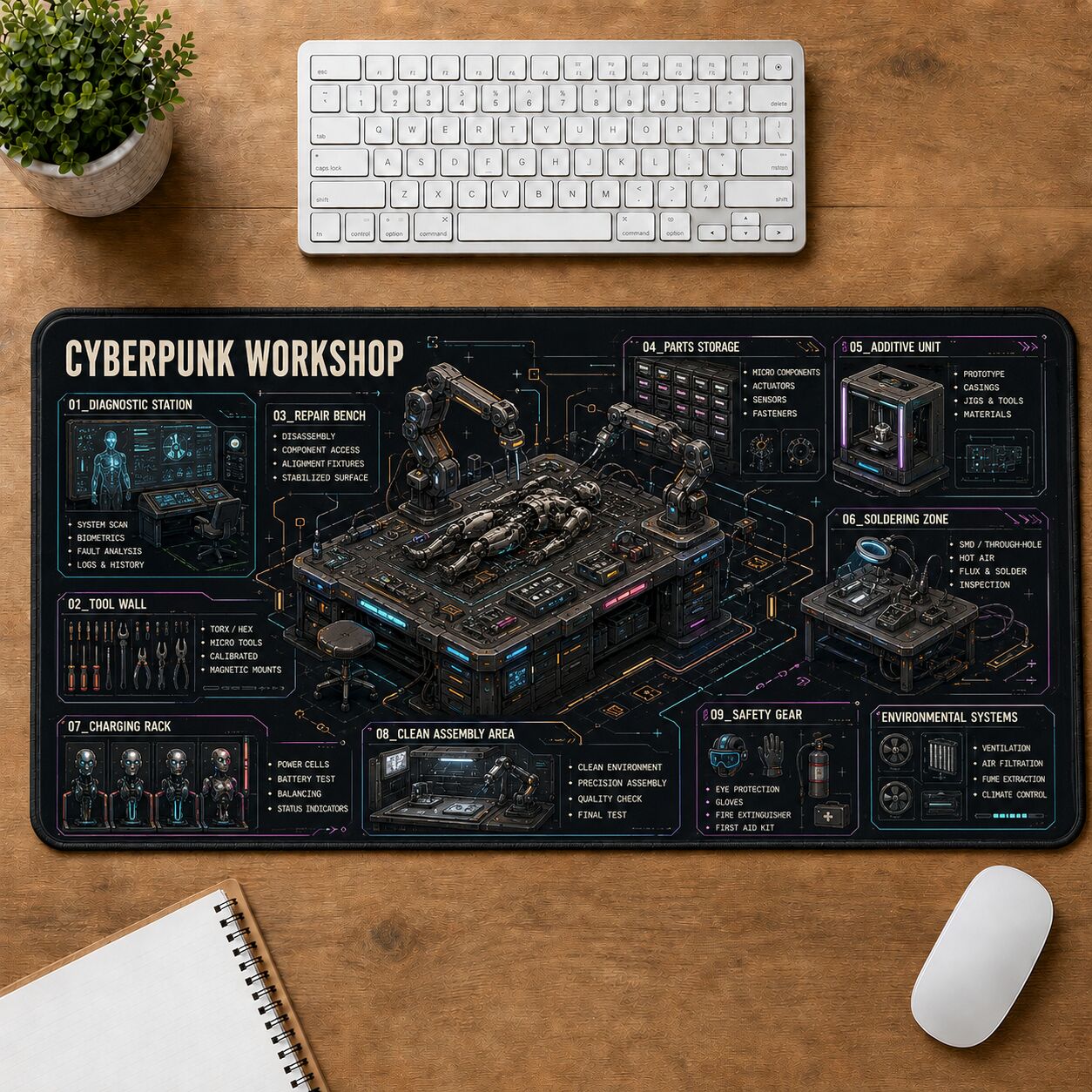 Cyberpunk Workshop Futuristic Technical Guide Desk Mat | 5To9Vibe