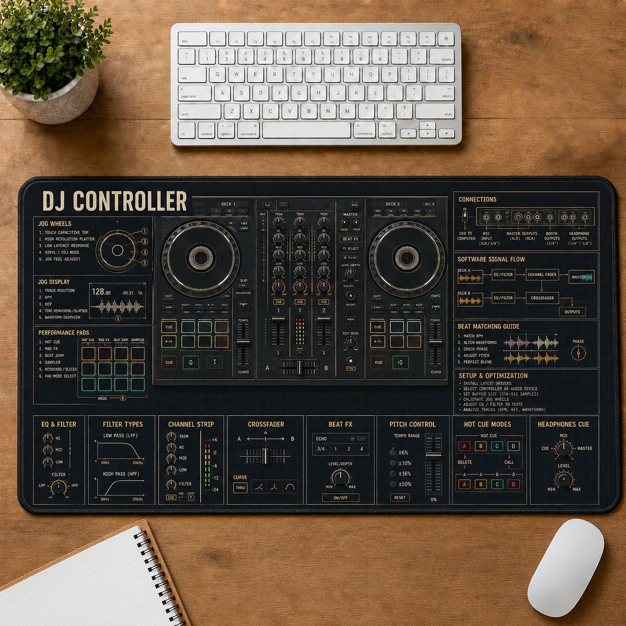 DJ Controller Musical Instrument Blueprint Guide Desk Mat | 5To9Vibe
