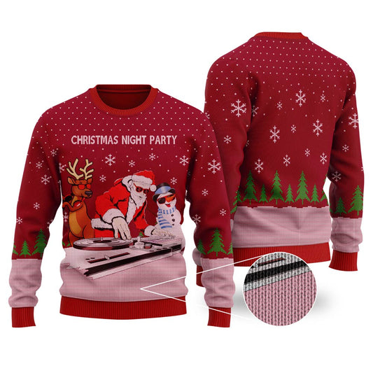 DJ Santa Claus & DJ Beard Ugly Christmas Sweater Cardinal Red - Funny Ugly Christmas Sweater