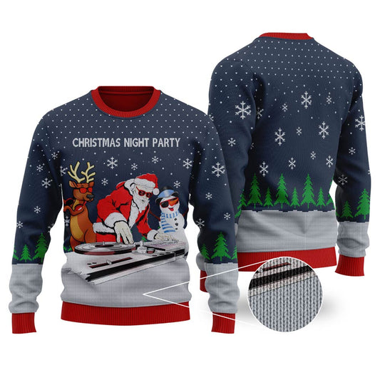 DJ Santa Claus & DJ Beard Ugly Christmas Sweater Navy - Funny Ugly Christmas Sweater