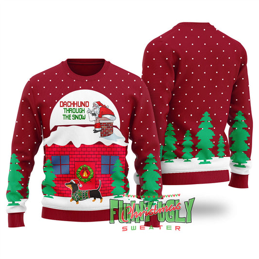 Dachshund Dog Ugly Christmas Sweater Cardinal Red