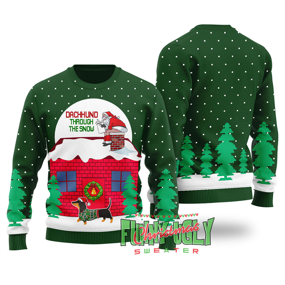 Dachshund Dog Ugly Christmas Sweater Forest Green