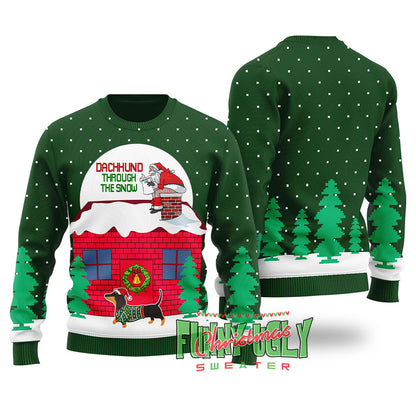 Dachshund Dog Ugly Christmas Sweater Forest Green