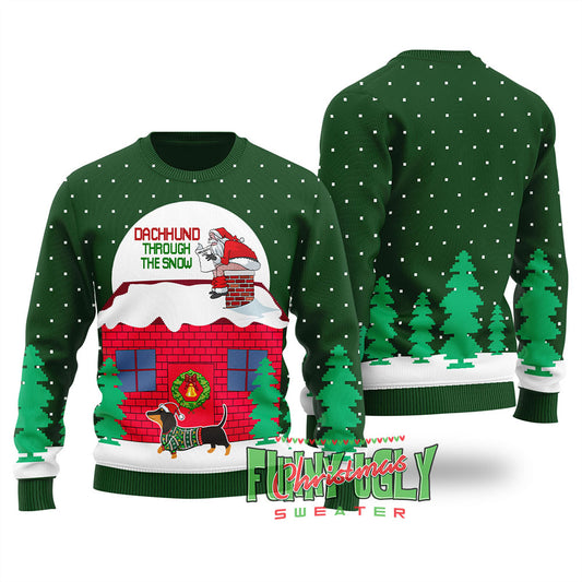 Dachshund Dog Ugly Christmas Sweater Forest Green