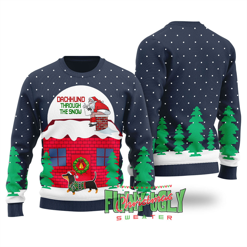 Dachshund Dog Ugly Christmas Sweater Navy