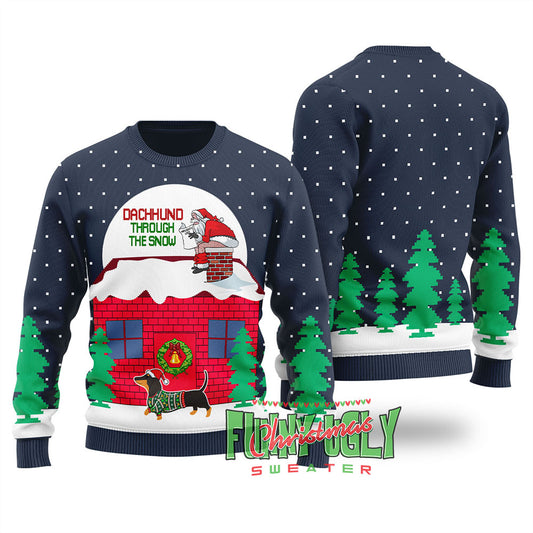 Dachshund Dog Ugly Christmas Sweater Navy