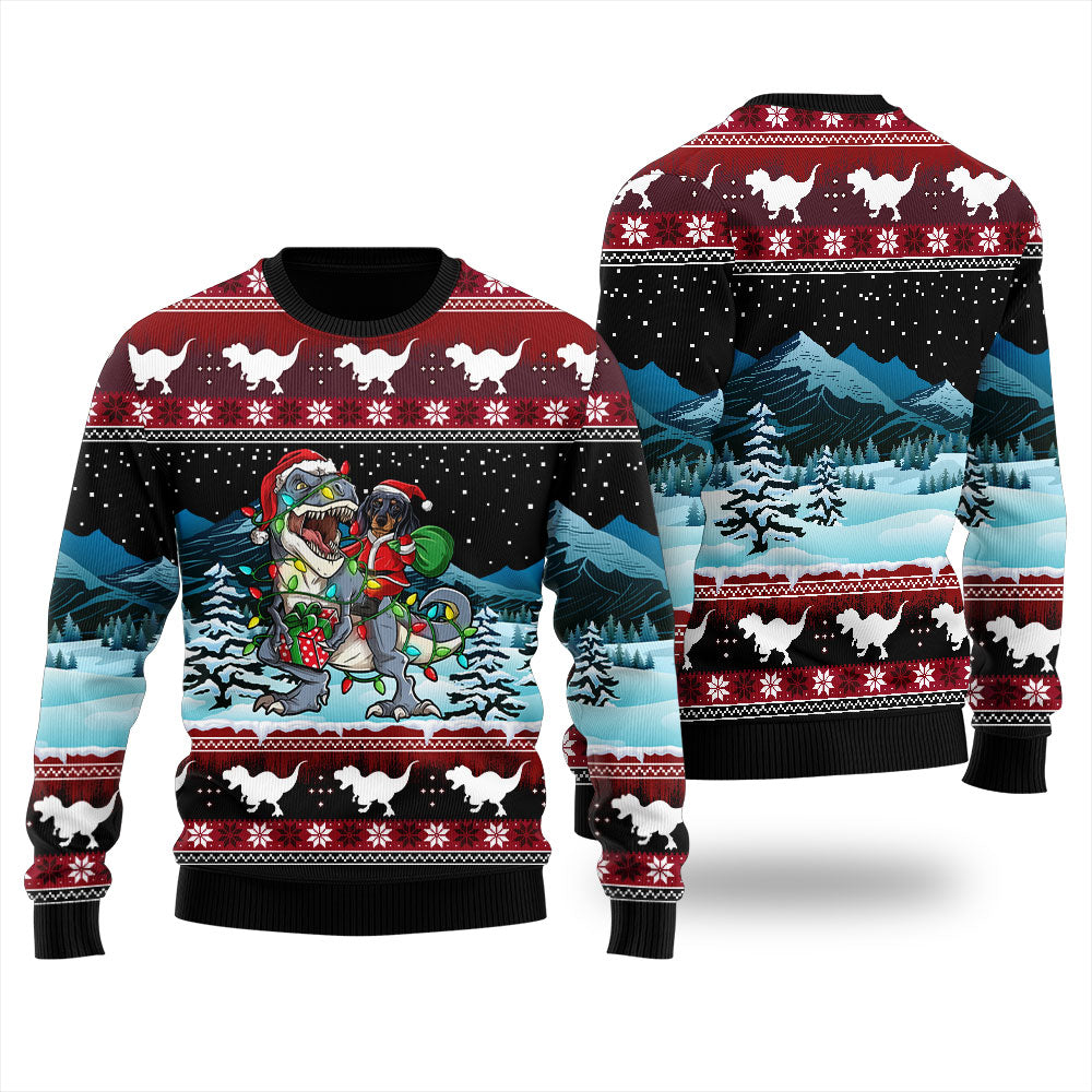 T-Rex Dachshund Ugly Christmas Sweater For Men