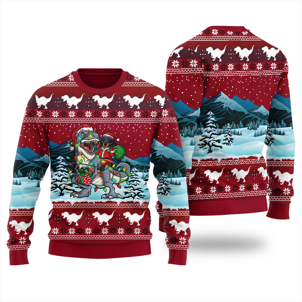 Dachshund Riding Dinosaur T Rex Funny Ugly Christmas Sweater
