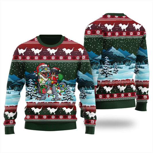 Dachshund Riding Dinosaur T Rex Funny Ugly Christmas Sweater