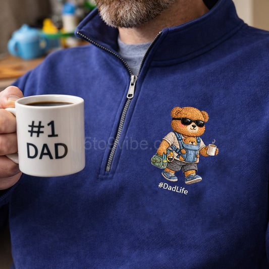 Dad Life Embroidered Quarter Zip Sweatshirt, Funny Dad Life Bear Pullover, Men's Casual Zip Up Jacket, Gift for Dad Life Lover Dad