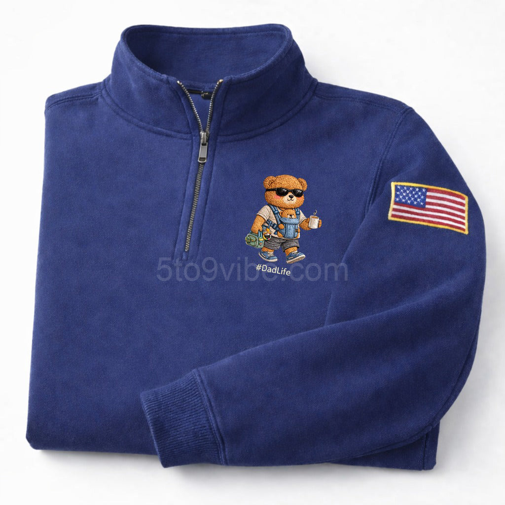 Dad Life Embroidered Quarter Zip Sweatshirt, Funny Dad Life Bear Pullover, Men's Casual Zip Up Jacket, Gift for Dad Life Lover Dad