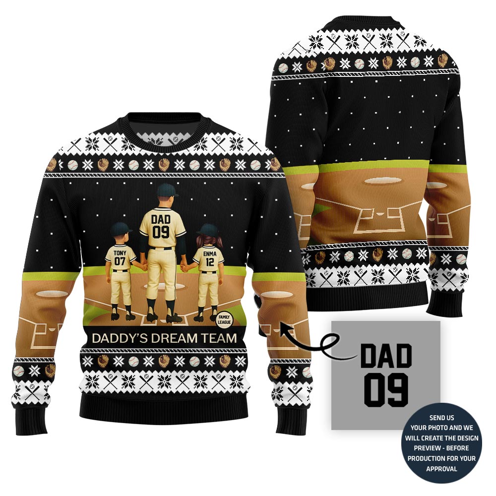 Daddy Dream Team Custom Baseball Ugly Christmas Sweater