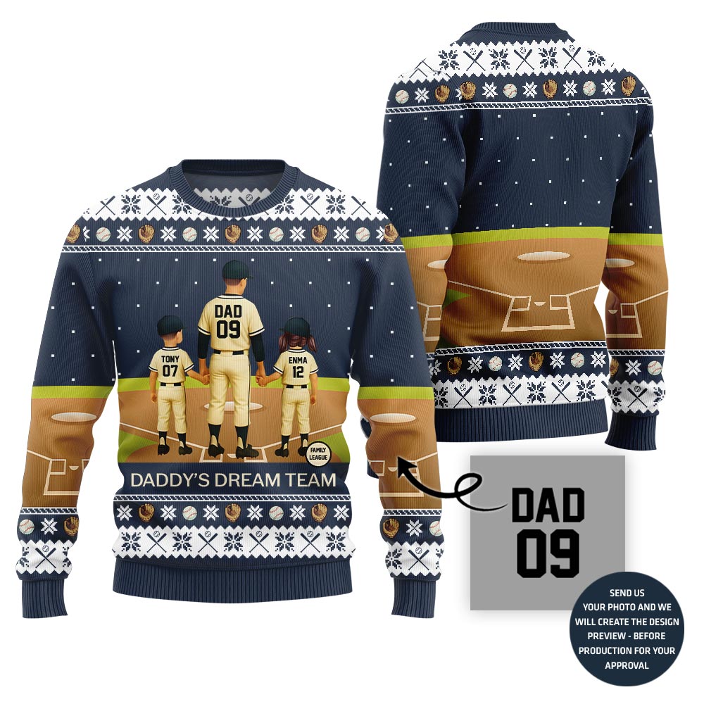 Daddy Dream Team Custom Baseball Ugly Christmas Sweater
