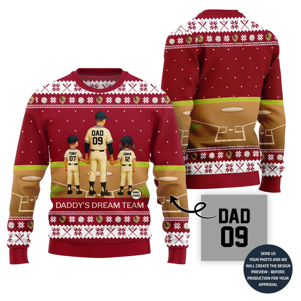 Daddy Dream Team Custom Baseball Ugly Christmas Sweater
