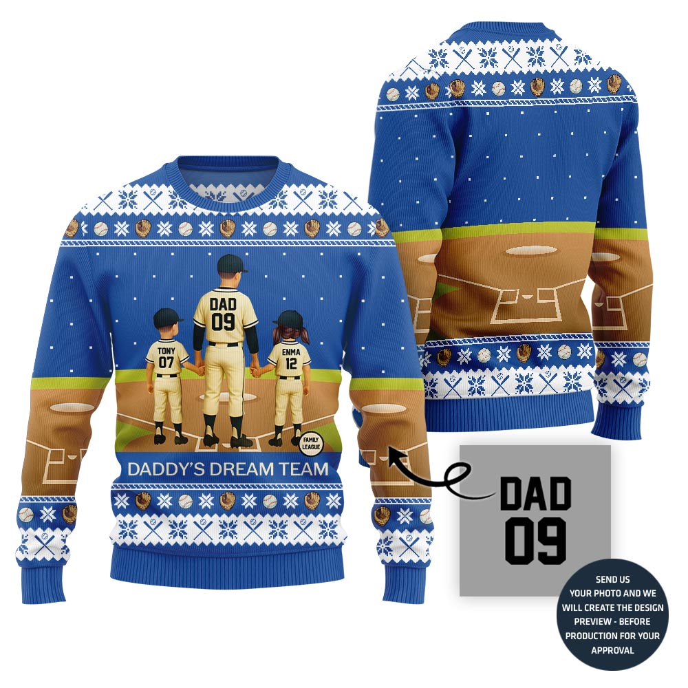 Daddy Dream Team Custom Baseball Ugly Christmas Sweater