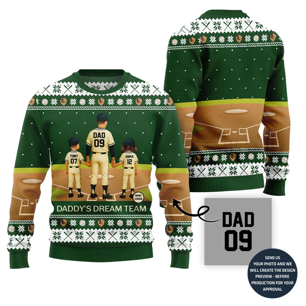 Daddy Dream Team Custom Baseball Ugly Christmas Sweater