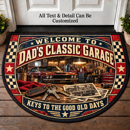Car Keys Keepsakes - Dad's Classic Garage Personalized Half Round Mat | 5To9Vibe