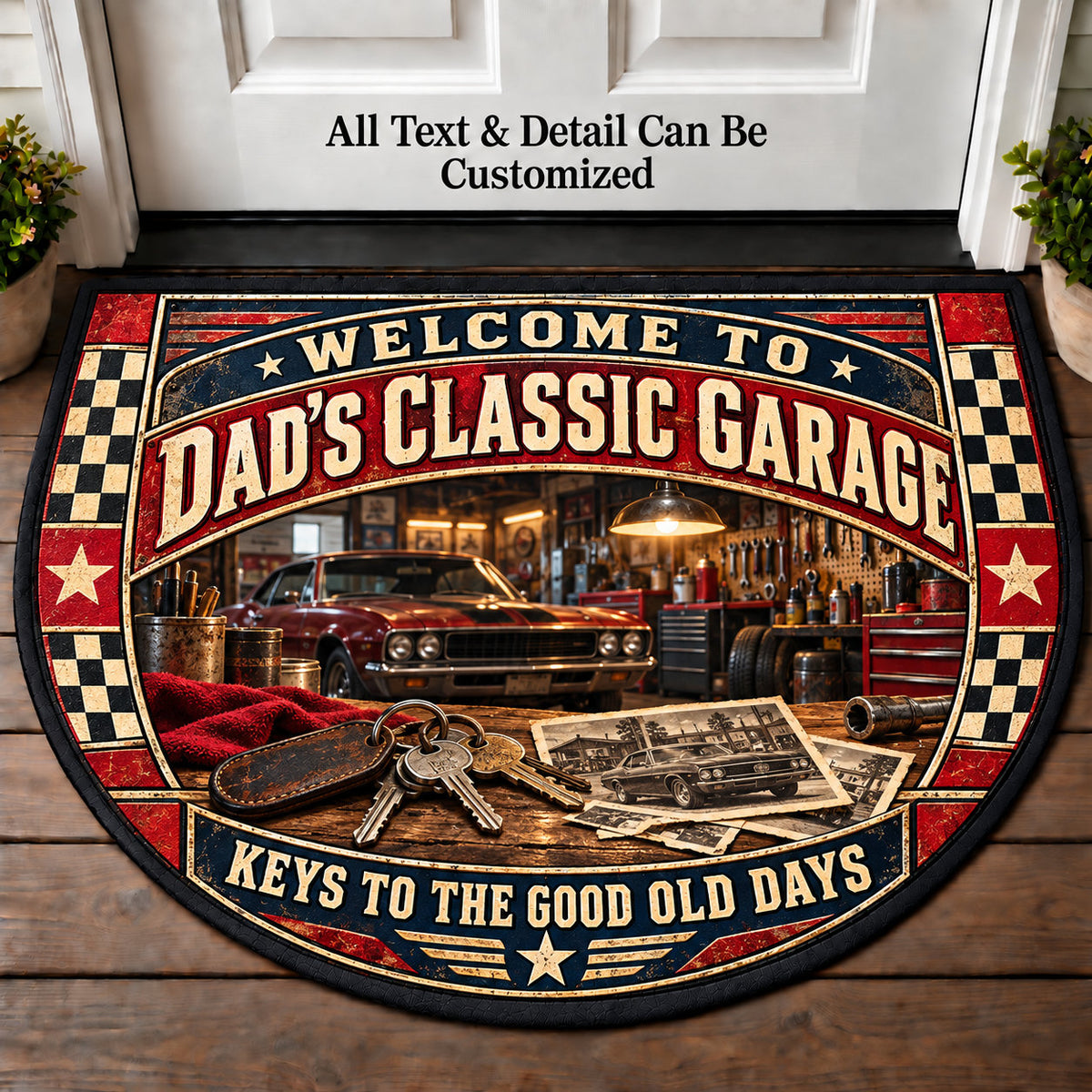 Car Keys Keepsakes - Dad's Classic Garage Personalized Half Round Mat | 5To9Vibe