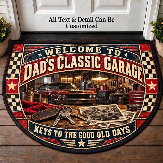 Car Keys Keepsakes - Dad's Classic Garage Personalized Half Round Mat | 5To9Vibe