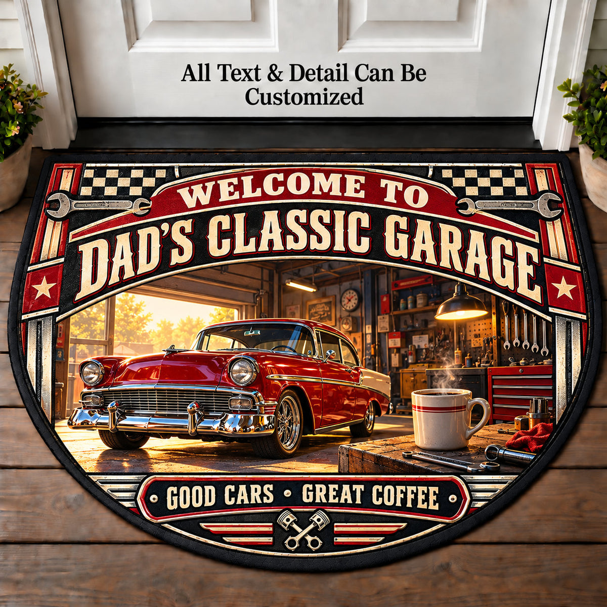 Chrome Coffee - Dad's Classic Garage Personalized Half Round Mat | 5To9Vibe