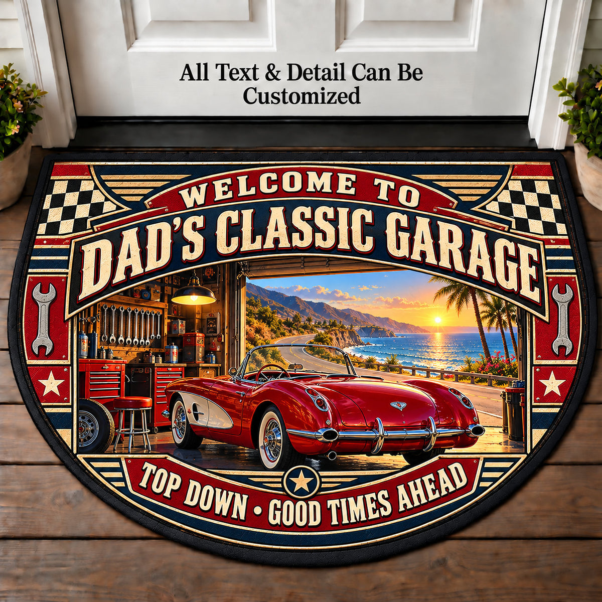 Convertible Coast - Dad's Classic Garage Personalized Half Round Mat | 5To9Vibe