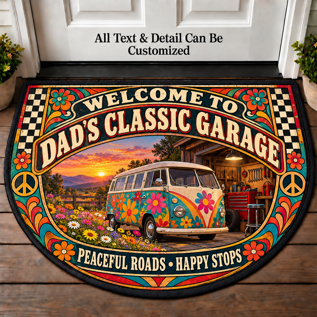 Flower Power Vintage Van - Dad's Classic Garage Personalized Half Round Mat | 5To9Vibe