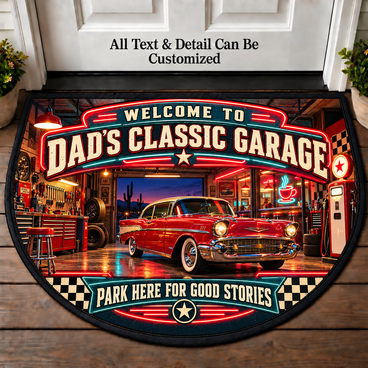 Neon Diner - Dad's Classic Garage Personalized Half Round Mat | 5To9Vibe