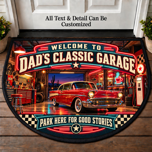 Neon Diner - Dad's Classic Garage Personalized Half Round Mat | 5To9Vibe