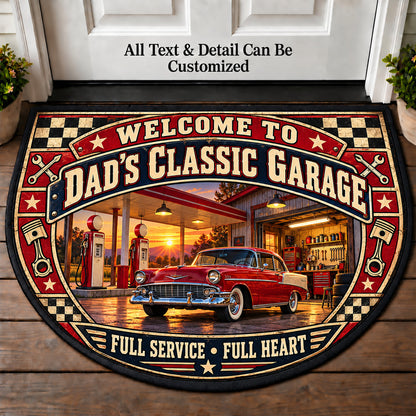 Old Service Station - Dad's Classic Garage Personalized Half Round Mat | 5To9Vibe