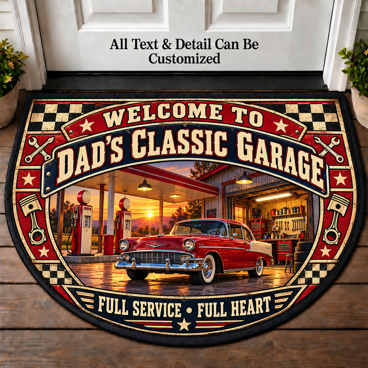 Old Service Station - Dad's Classic Garage Personalized Half Round Mat | 5To9Vibe