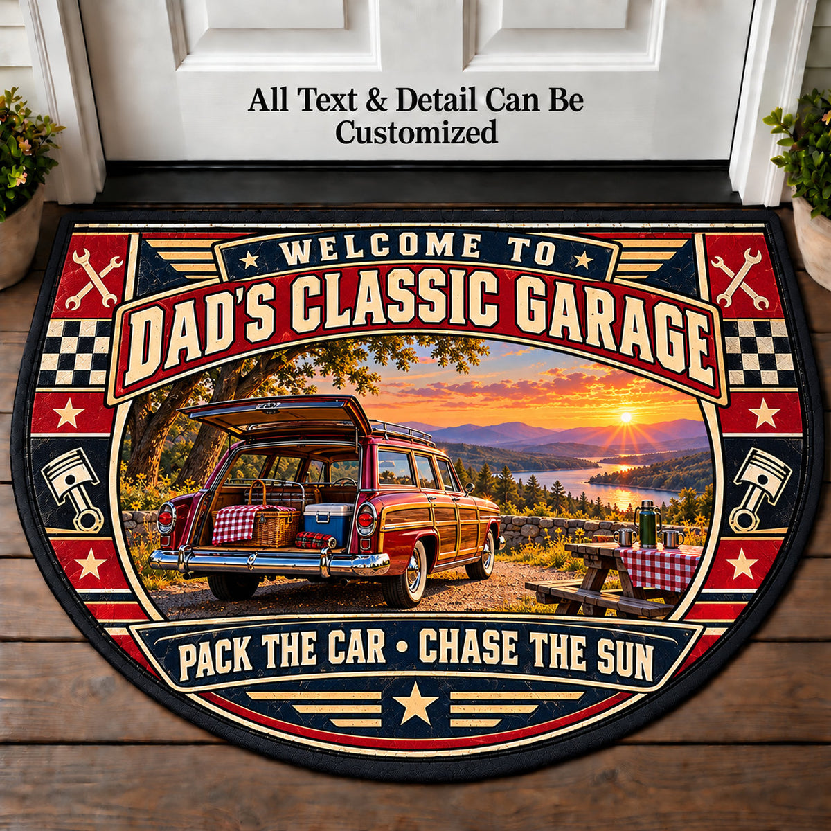 Picnic Road Trip - Dad's Classic Garage Personalized Half Round Mat | 5To9Vibe