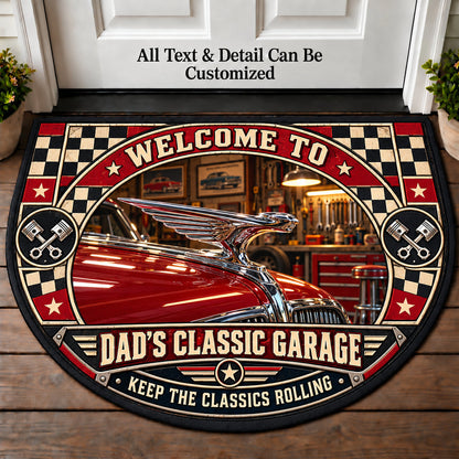Polished Hood Ornament - Dad's Classic Garage Personalized Half Round Mat | 5To9Vibe