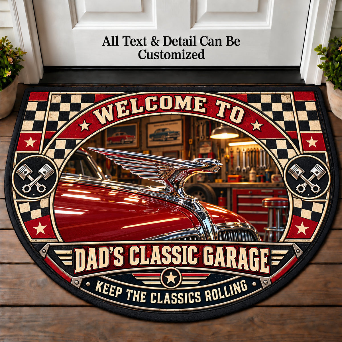 Polished Hood Ornament - Dad's Classic Garage Personalized Half Round Mat | 5To9Vibe