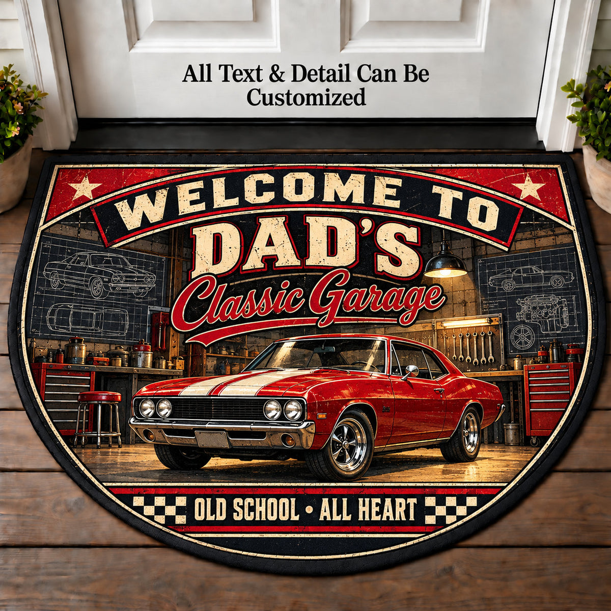 Racing Stripe Sketch - Dad's Classic Garage Personalized Half Round Mat | 5To9Vibe