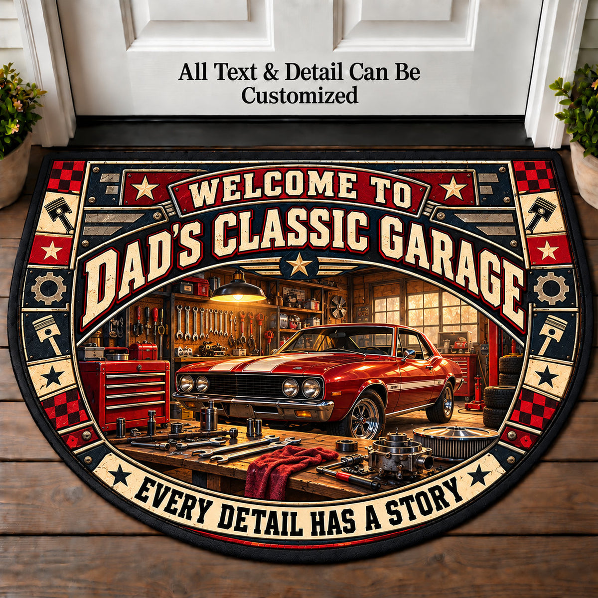 Restoration Workshop - Dad's Classic Garage Personalized Half Round Mat | 5To9Vibe