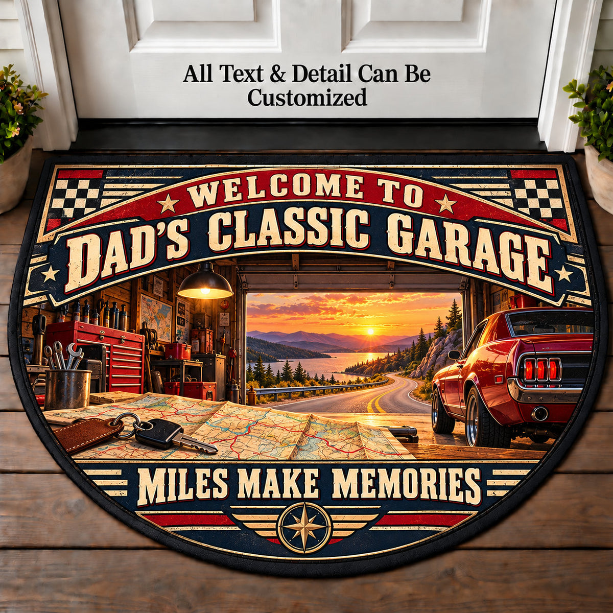 Route Map Memories - Dad's Classic Garage Personalized Half Round Mat | 5To9Vibe