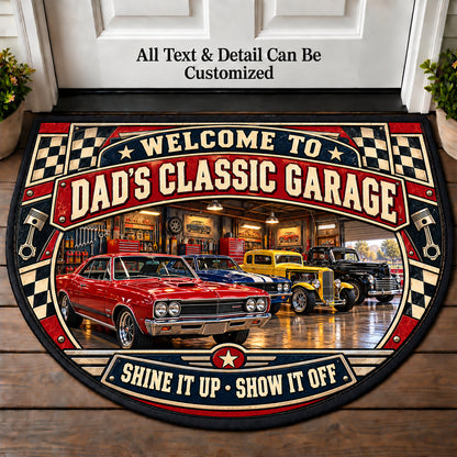 Sunday Car Show - Dad's Classic Garage Personalized Half Round Mat | 5To9Vibe