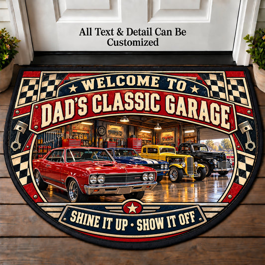 Sunday Car Show - Dad's Classic Garage Personalized Half Round Mat | 5To9Vibe