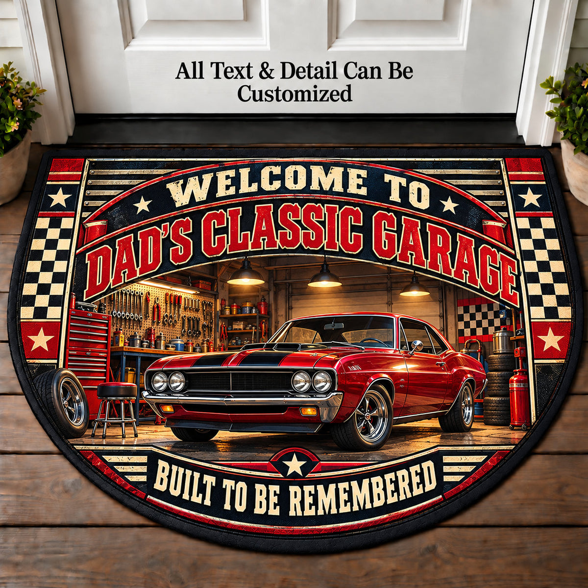 Vintage Muscle Garage - Dad's Classic Garage Personalized Half Round Mat | 5To9Vibe