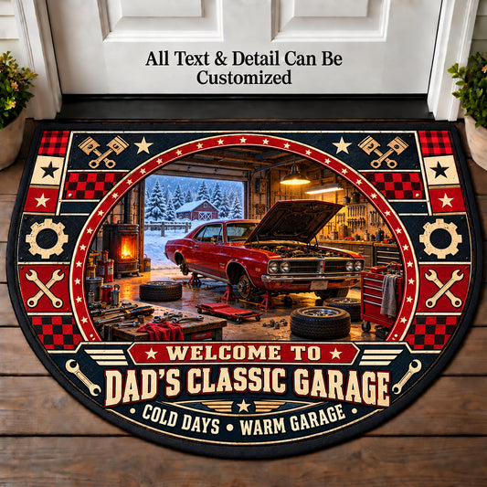 Winter Garage Project - Dad's Classic Garage Personalized Half Round Mat | 5To9Vibe