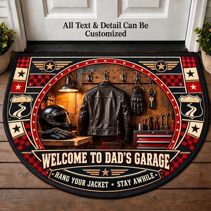Leather Jacket Entry - Dad's Garage Personalized Half Round Mat | 5To9Vibe