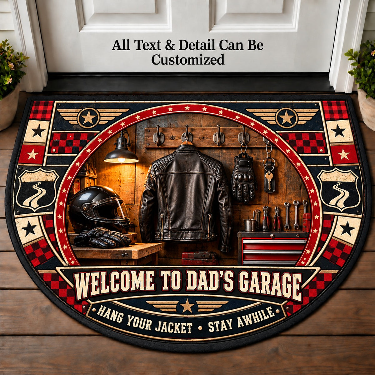 Leather Jacket Entry - Dad's Garage Personalized Half Round Mat | 5To9Vibe