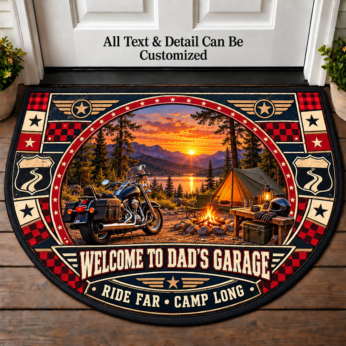 Motorcycle Campout - Dad's Garage Personalized Half Round Mat | 5To9Vibe