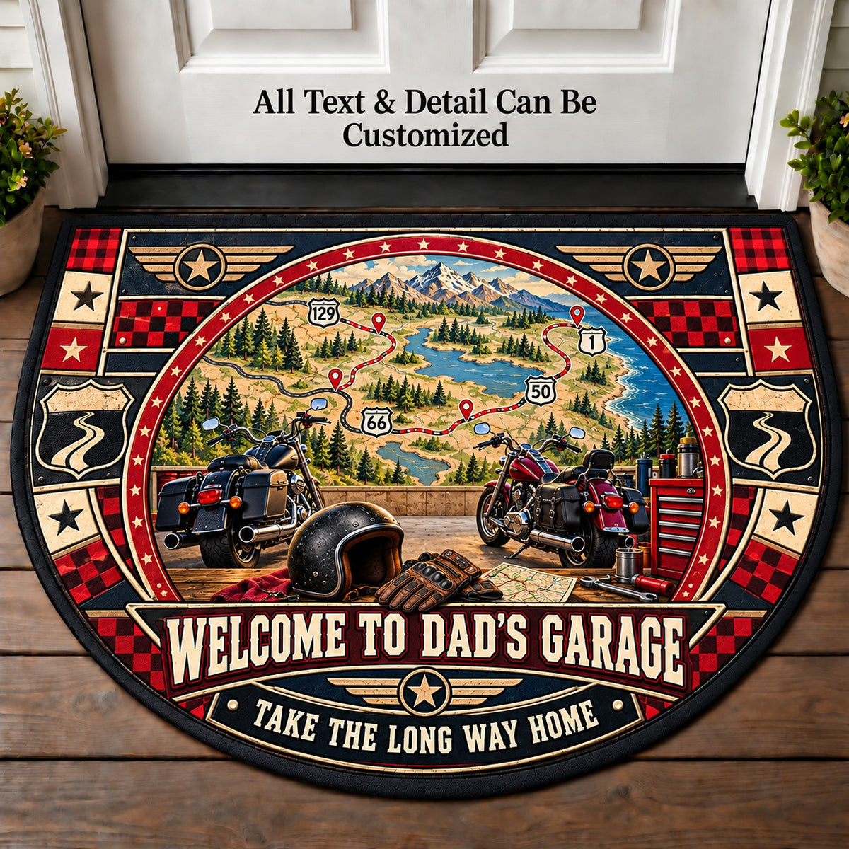 Road Trip Map - Dad's Garage Personalized Half Round Mat | 5To9Vibe