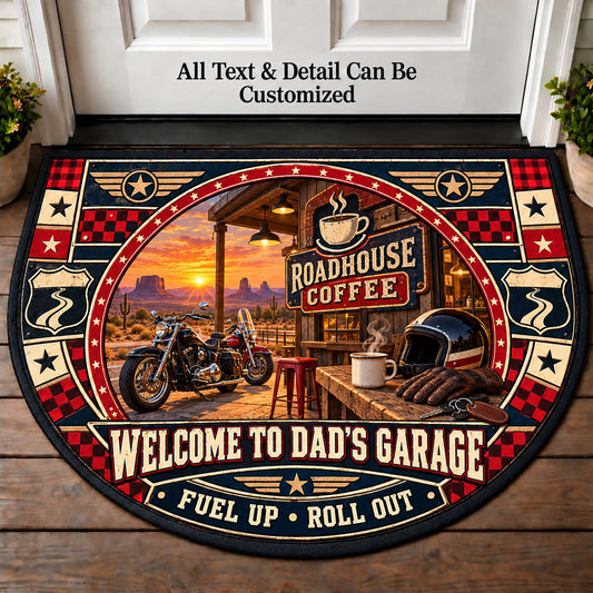 Roadhouse Coffee - Dad's Garage Personalized Half Round Mat | 5To9Vibe