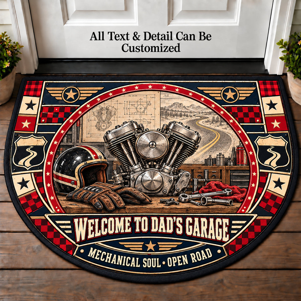 Twin Cylinder Drawing - Dad's Garage Personalized Half Round Mat | 5To9Vibe