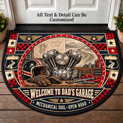 Twin Cylinder Drawing - Dad's Garage Personalized Half Round Mat | 5To9Vibe