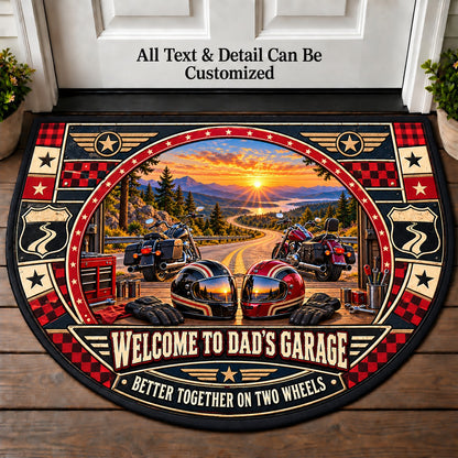 Two Helmets One Road - Dad's Garage Personalized Half Round Mat | 5To9Vibe