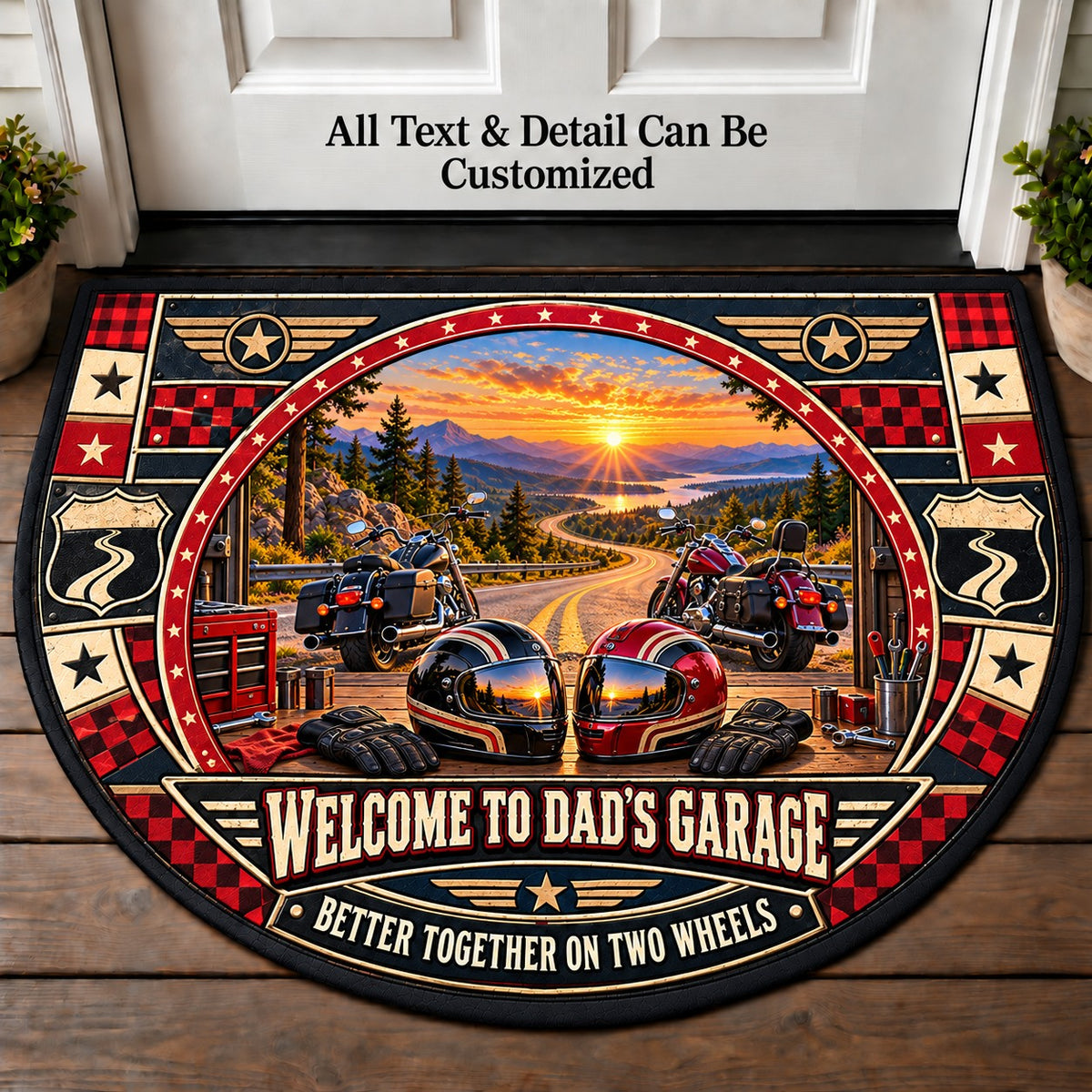 Two Helmets One Road - Dad's Garage Personalized Half Round Mat | 5To9Vibe