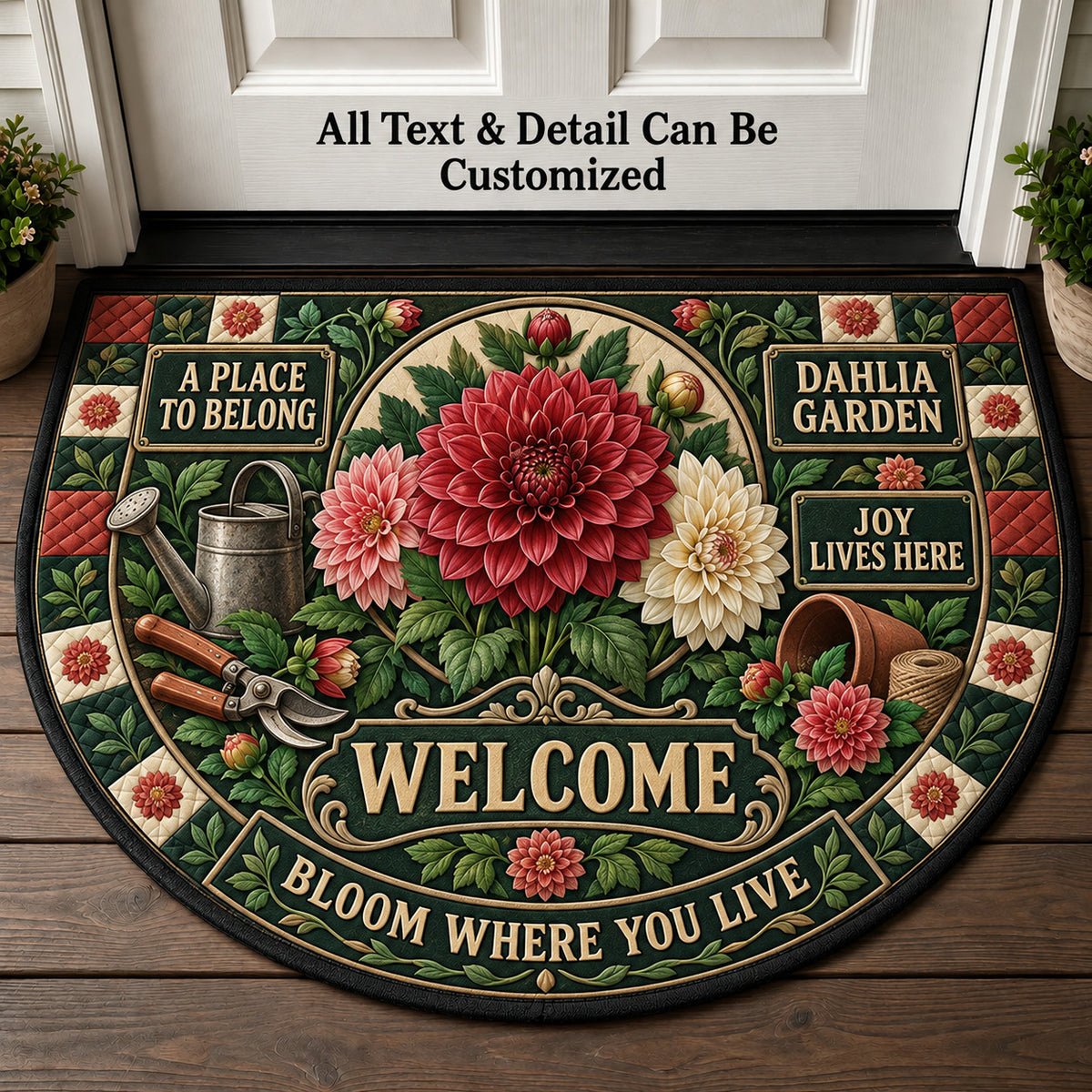 Dahlia Garden Personalized Half Round Mat | 5To9Vibe